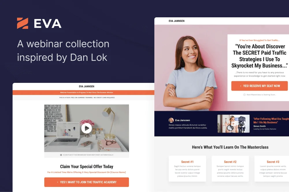 Eva collection with webinar registration and broadcast page designs