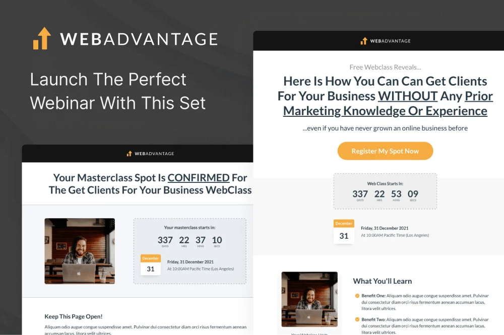 WebAdvantage collection with webinar registration and confirmation designs